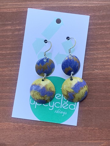 Tin Circle Earrings, Blue & Yellow Swirls