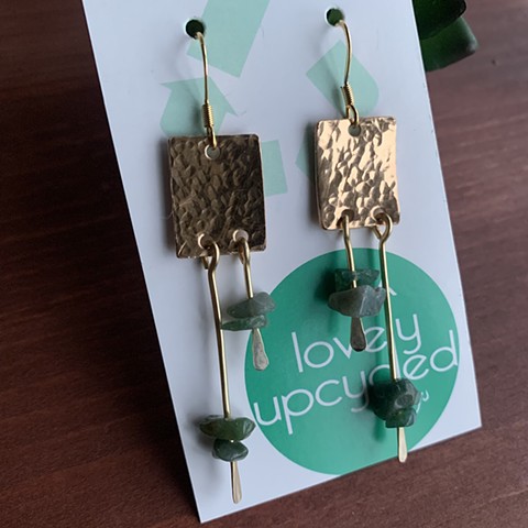 Drum Set Cymbal Earrings - Vertical Rectangles with Green Rock Bead Dangles SOLD