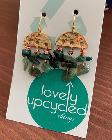 Drum set cymbal earrings, half-moon with green stone dangles  SOLD