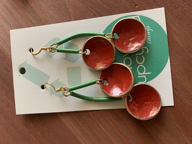 Red enameled copper cherry earrings
