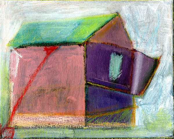 Brightly colored tilted, winged barn painted by Paula Schiller