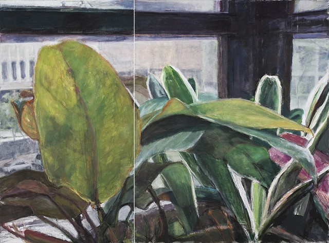 Large plant leaves in window with glimpse of street below painted by Paula C. Schiller