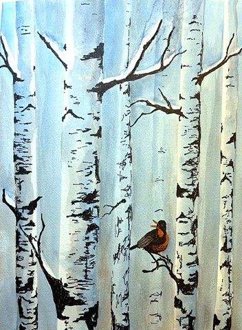 Winter Birches with Bird