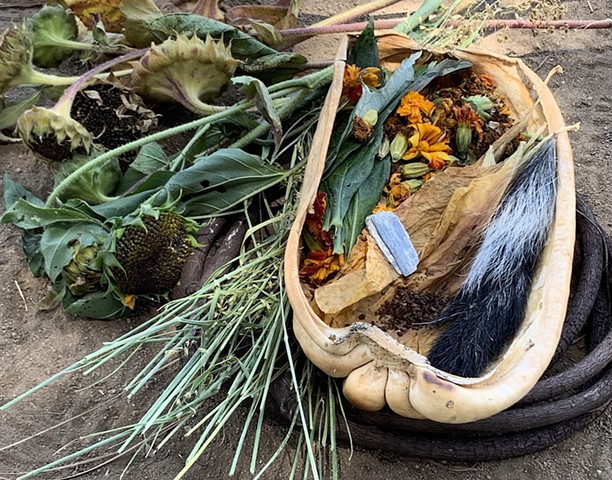 skunk, tobacco, marigold, sunflower, sweet grass, mapacho, elm root, mugwort, blue kyanite 