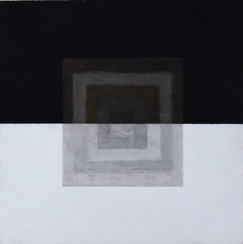 Black acrylic gesso, Rublev Tempra grounds, copper, silver, gold, palladium and platinum in center square on panel.