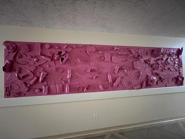 lost & found, misc. objects from lost & found closet, wooden panels, pink acrylic paint, 16 feet x 4 feet
