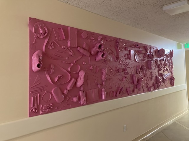 lost & found, misc. objects from lost & found closet, wooden panels, pink acrylic paint, 16 feet x 4 feet