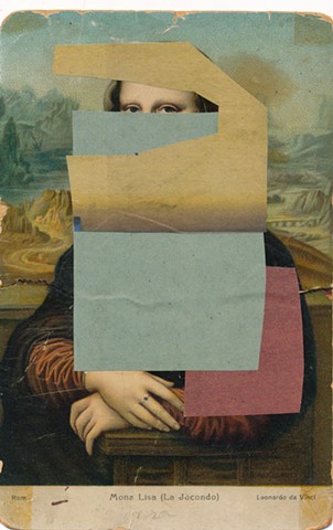 Collage on vintage postcard figurative artwork landscape Mona Lisa La Gioconda contemporary collage art 