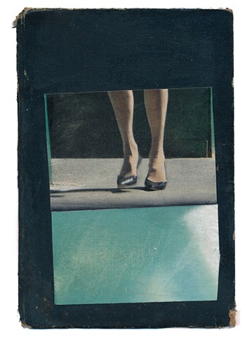 Collage mounted on vintage book cover shoes steps lady artwork contemporary art collage artist