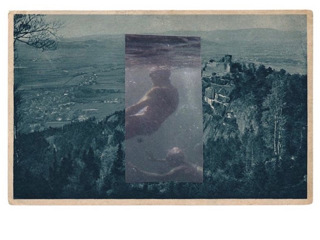 Collage on vintage postcard figurative artwork landscape tile blue contemporary collage art 