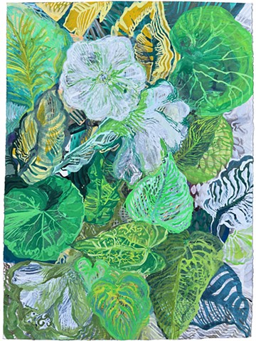 layered leaves, bright greens, white flowers in a garden close-up