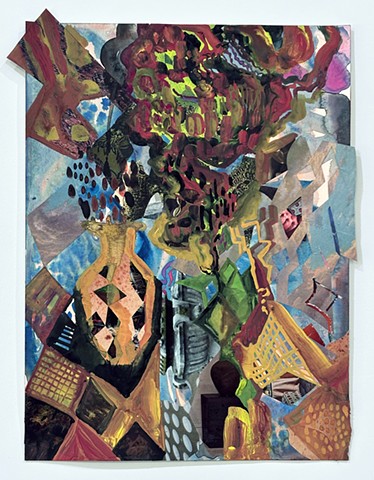 tumult or cloud flecked with black and mud or blood color droplets hovers over patterned chaos in geometric forms at bottom