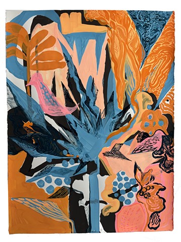 peach, apricot, sky blue with bubblegum pink bird -- spiky palm abstraction with dots and fruit references, delicate hand drawn overlay fills some of the forms. Bright, energetic, happy art.