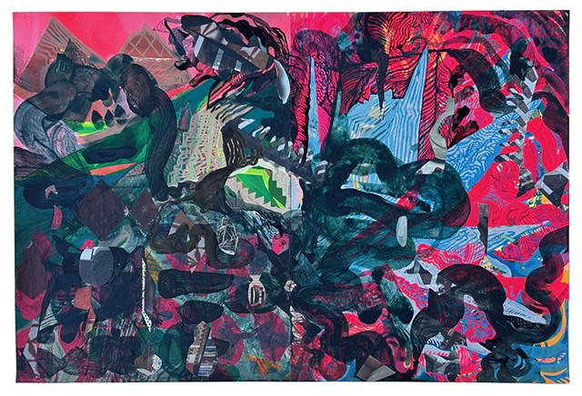 inky smoke, patterned shards, organic forms in a storm of detritus 