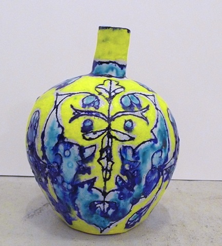 Small Turquoise & Yellow Leaf Face Bottle