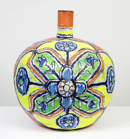 Large Round Yellow, Red & Lime Bottle