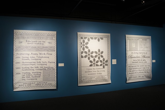 Samplers #17 (left), #9 (center) and #15 (right) in Strategies for Survival Exhibit, Bellevue Arts Museum, Bellevue, WA, USA