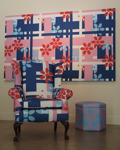 Armchair Quarterback (front), Ottoman and Sporty Flowers Panel (Manmade Workshop Collaboration with Doug Brown)