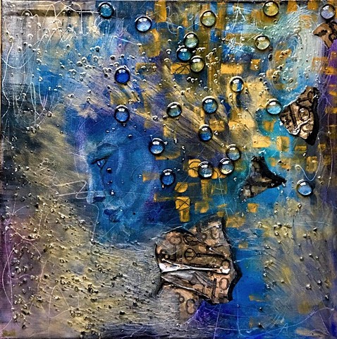BLUE, GOLD, painting, texture, mixed media