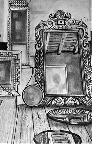drawing, realistic, black and white, framed