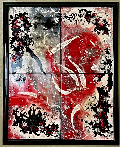 abstract, red, black and white, details, framed, mixed media