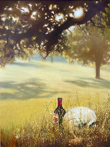 Landscape with skull and vermouth bottle