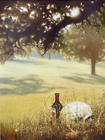 Landscape with skull and vermouth bottle