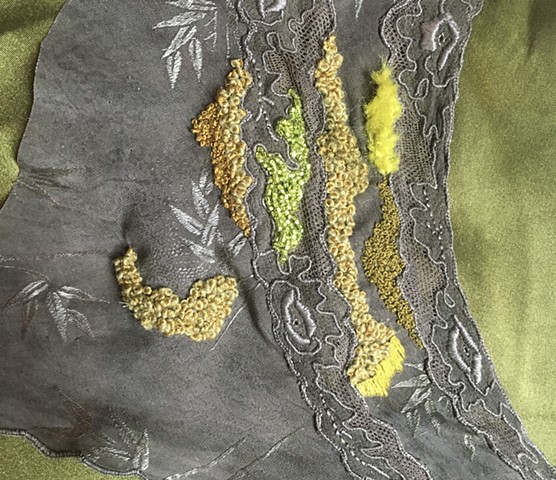 Overdyed antique silk fragment embroidered with moss, for cocktail hat