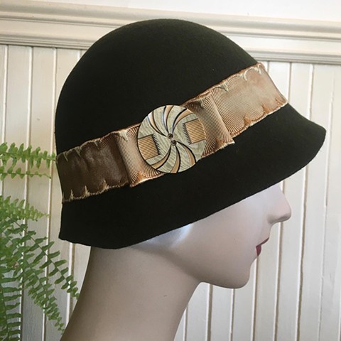 Hand Blocked Felt Cloche with Antique Ribbon Trim