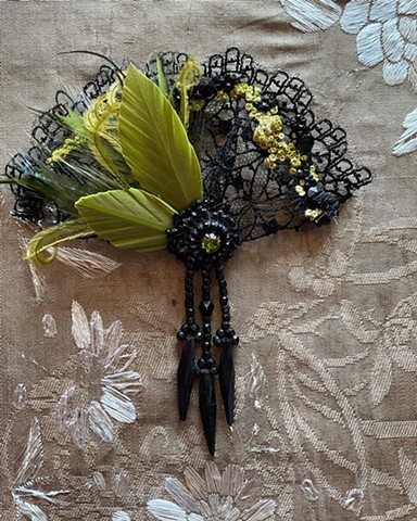 Victorian lace headpiece with embroidered moss and victorian jet fringe focal 