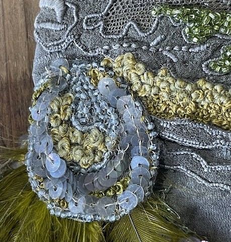 Moss hat detail - focal made from salvaged dress motif