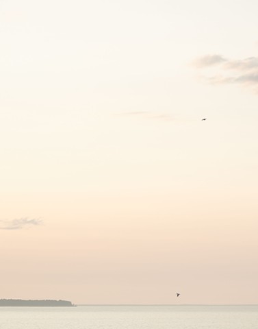 photograph of island, seagulls, sunset, water; bay of Green Bay and Chambers Island, Sister Bay, Wisconsin; by Colleen E. Gunderson