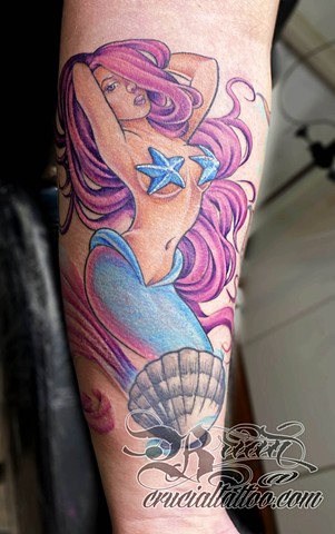 Mermaid Full Color Forearm Tattoo 