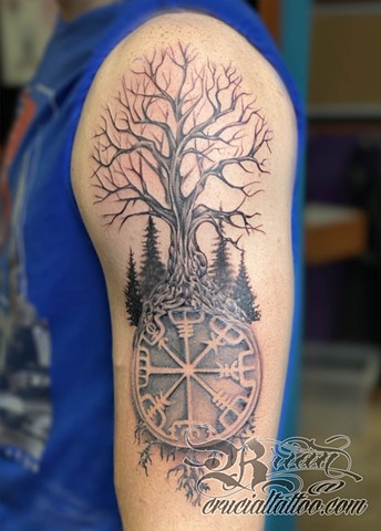 Black and Grey Viking Compass and Tree Tattoo