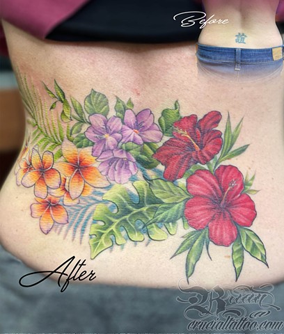 Kanji Coverup Tattoo with Flowers 
