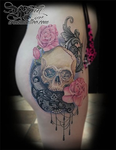 Skull, Roses, and Lace Thigh tattoo 