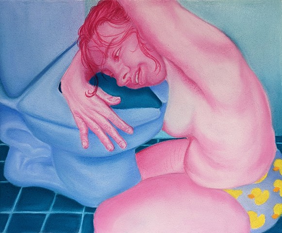 chalk pastel drawing of fluorescent pink figure leaning over toilet bowl in hues of blue