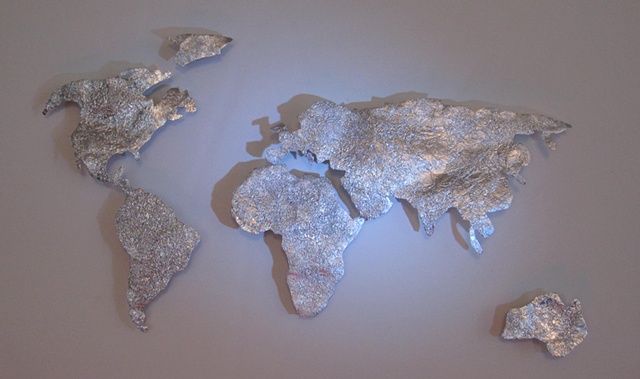 Map of the world made from foil found in the street