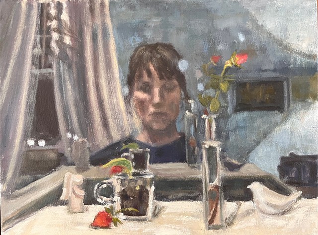 Self portrait still life with rose bud and strawberry