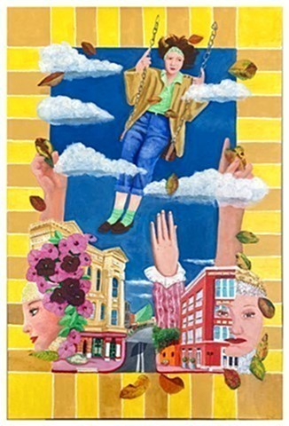 ANN OF LEAVES, Surrealism base on old family photograph of a women on a swing, by Emily Cammarata.