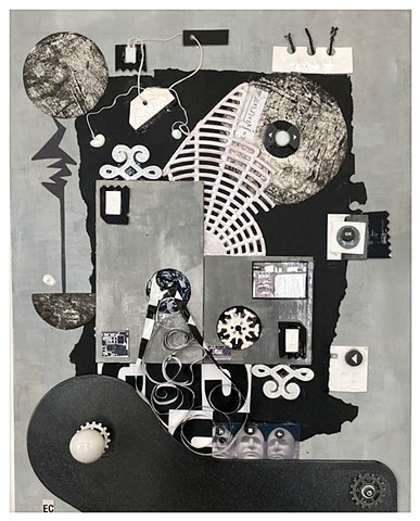 Circle Machine, Mixed Media and Found Objects on Cradled Board by Emily Cammarata.