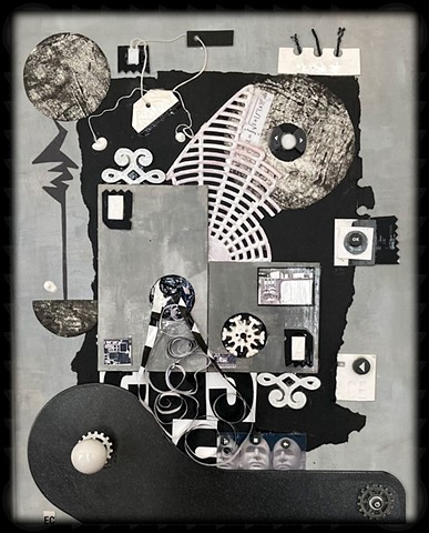 Circle Machine, Mixed Media and Found Objects on Cradled Board by Emily Cammarata.