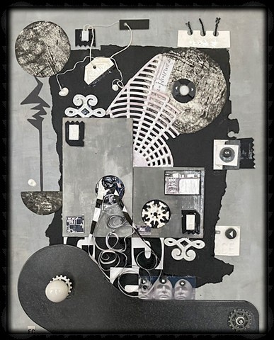 Circle Machine, Mixed Media and Found Objects on Cradled Board by Emily Cammarata.