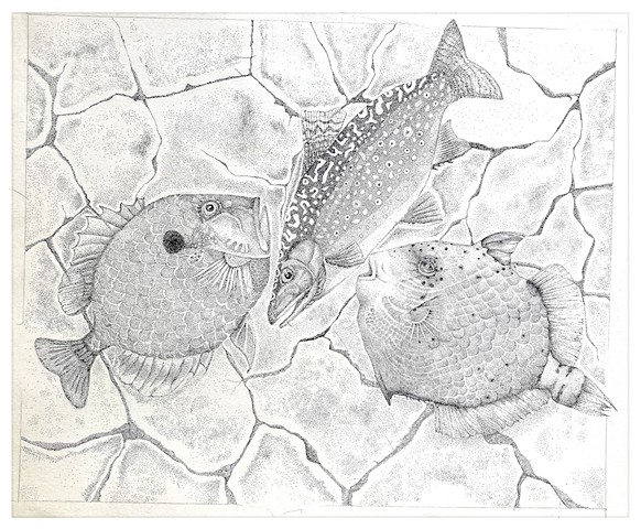 Fish Out of Water, Ink Pointillism Painting on Bristol Paper, by Emily Cammarata.