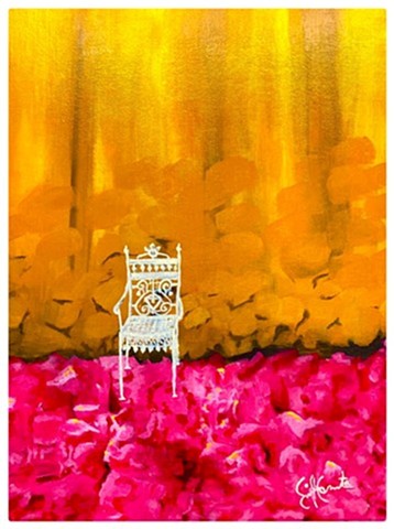White chair Pink Beach Acrylic ON canvas board by Emily Cammarata.