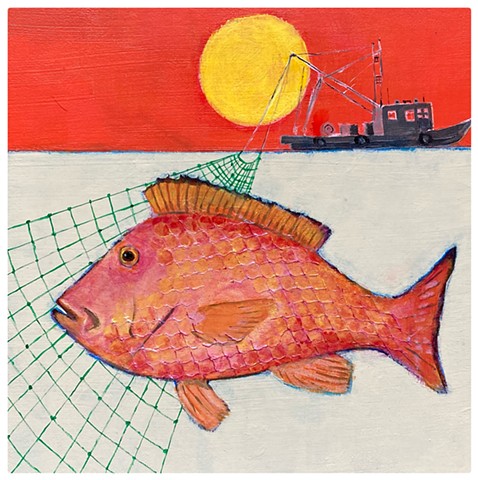 Red Fish, Acrylic on Cradled Board (Boat Net) by Emily F Cammarata. Emily The Artist