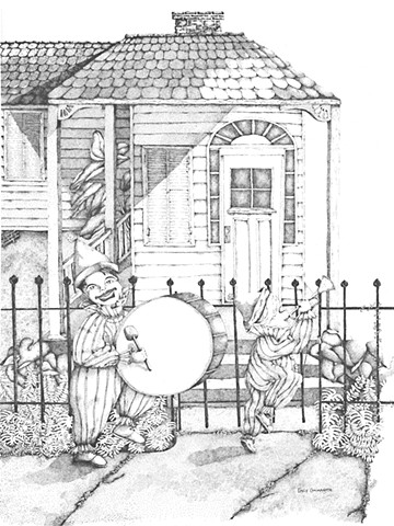 Happy Little Clowns, Pointillism Print of a 1984 Pointillism Clowns original, By Emily Cammarata.