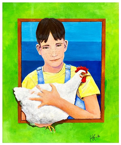 Boy With Chicken, Acrylic on Stretched Canvas by Emily Cammarata. Emily Cammarata Art