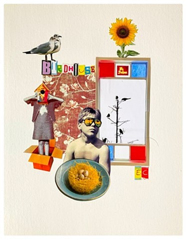 Birdhouse Seeds #1, Collage on Canvas Panel by Emily Cammarata. 