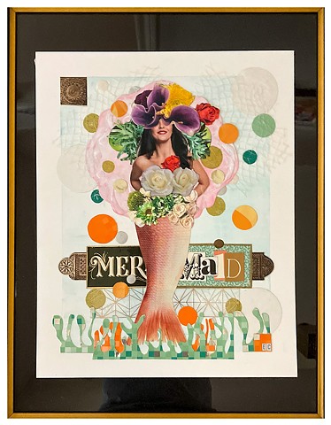 Mermaid, Mixed Media Collage on Illustration Framed by Emily Cammarata.
